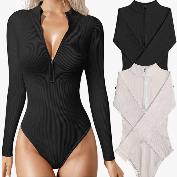 OQQ Ribbed Bodysuit Set | Snatched Zip Front Long Sleeve | Black - Picture 1 of 6